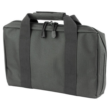 Inside view of NCSTAR pistol case showing two padded handgun compartments and 6 elastic magazine loops holding pistol magazines.