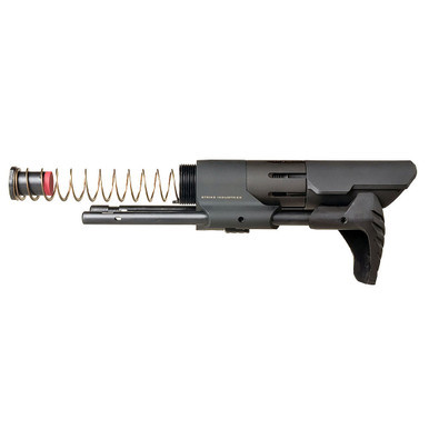 Close up of ambidextrous push button deployment mechanism on Strike Industries PDW stock
