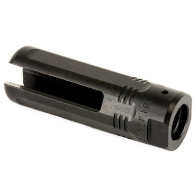 Close-up view of the 1/2x28 thread entry and heat-treated stainless steel structure on the SureFire Eliminator flash hider.