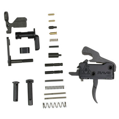 Rise Armament Rave Single Stage Trigger module in black shown alongside complete lower parts kit hardware and anti-walk pins.