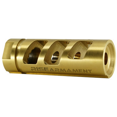 Compensator in gold finish displaying compensation ports and threads.