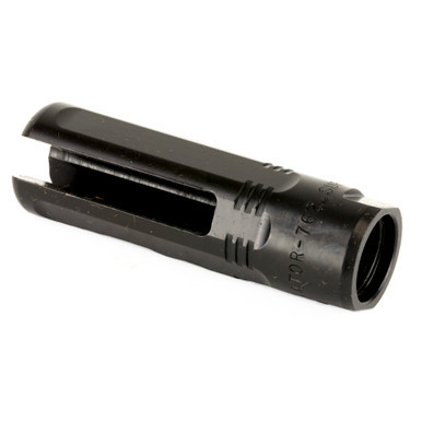 Close-up of the 5/8x24 threads and heat-treated stainless steel construction on the SureFire flash hider.