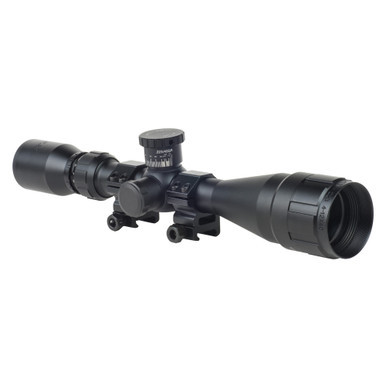 Side profile of BSA Optics 4-12x40mm rifle scope showing Plex reticle adjustment knobs