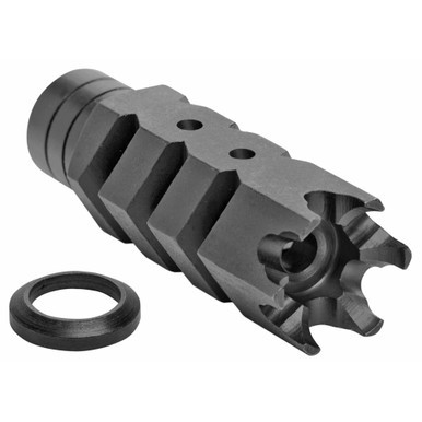 Close-up of side ports and aggressive design on ATI Outdoors .308 Shark muzzle brake