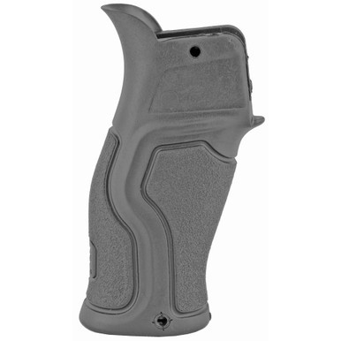 Close-up of textured rubberized overmold and 15-degree angle on FAB Defense Gradus black grip