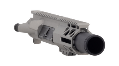Close-up of 4.25 inch M-LOK handguard and Flash Can muzzle device on 9mm upper