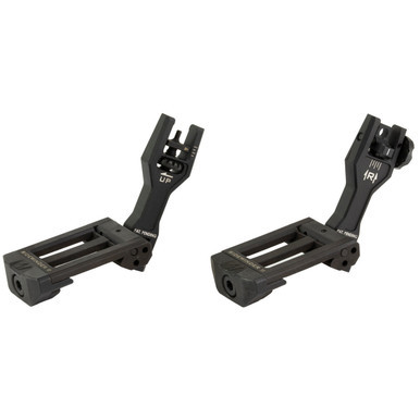 Strike Industries Sidewinder II flip up iron sights in black matte finish, Toolless elevation and windage adjustment dials on Strike Industries Sidewinder II sights, Strike Industries Sidewinder II sights mounted at a 45 degree offset on a rifle rail