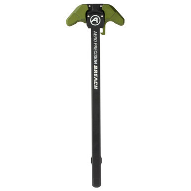 Aero Precision Breach ambidextrous AR10 charging handle in OD Green finish showing dual control levers and gas deflection shelf.