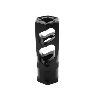 Close-up of AR-15 Hexagon Muzzle Brake showing 2 large side baffles and 13 ports