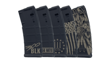Magpul 30rd 223 PMAG showing anti-tilt follower and laser engraved design close up