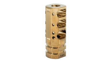 Andro Corp 17-4PH stainless steel gold triple port muzzle brake showing threads and ports