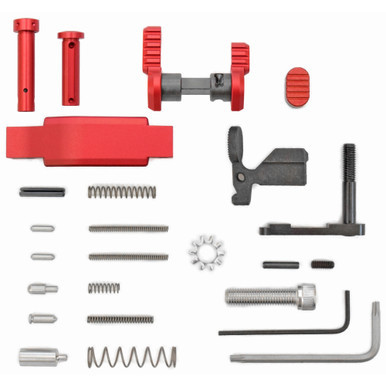 Armaspec Superlight AR-15 Lower Parts Kit in Red showing all included enhanced pins, safety selector, and assembly hardware.