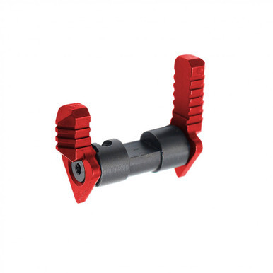 Red anodized ambidextrous safety selector installed on AR-15 lower receiver showing dual lever access