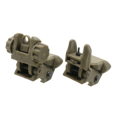 FDE polymer flip-up backup sights mounted on Picatinny rail in folded low-profile position