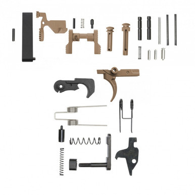 Flat Dark Earth FDE Cerakote AR-15 Lower Parts Kit layout including ambidextrous safety, trigger, enhanced bolt catch, and extended pins without pistol grip