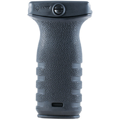 Mission First Tactical React Short Picatinny Vertical Grip in Black. Highlights the ergonomic textured body, integrated Picatinny locking mechanism, flat non-slip base, and water-resistant storage plug.