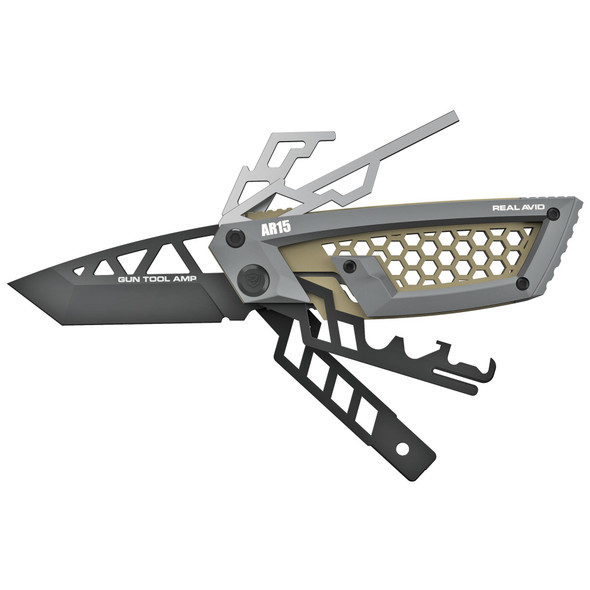 Real Avid Gun Tool AMP AR-15 Multi-Tool. Highlights the fold-out Tanto knife blade, bolt carrier group scraper, integrated bit driver, pin punch, and organized 9-piece driver bit holster frame.