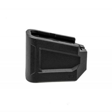 Strike Industries Extended Magazine Plate for Glock 19 in black polymer. Highlights the low-drag profile, included extended magazine spring, steel locking plate, and set screw engineered for standard OEM Glock 19 9mm magazines.