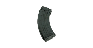 Product image showing the SGM Tactical AK-47 30rd Steel Magazine in black. The photo details the heavy-duty SK-5 rolled steel construction, rib-reinforced magazine body, locking lugs, and durable electrodeposition finish designed for standard 7.62x39mm AK rifles.