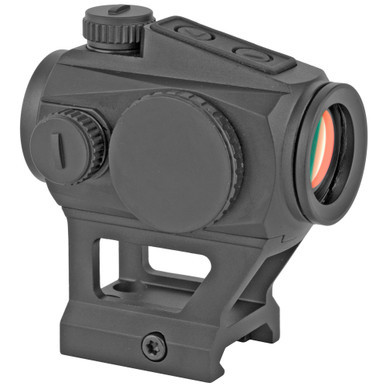 US Optics TSR-1X Red Dot Sight. Highlights the compact aluminum body, wide clear objective lens, top push-button controls, and attached high-rise Picatinny mount.