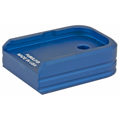 UTG +0 Glock Mag Base Pad in Matte Blue. Displays the CNC-machined 6061-T6 aluminum profile, subtle edge chamfering, and sleek anodized black finish engineered for factory double-stack Glock small-frame magazines.