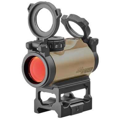Sig Sauer Romeo MSR Red Dot Sight 1x20mm in FDE. The image details the top-mounted rotary brightness dial, clear multi-coated 20mm objective lens, compact aluminum body, and attached high-rise cowitness mount.