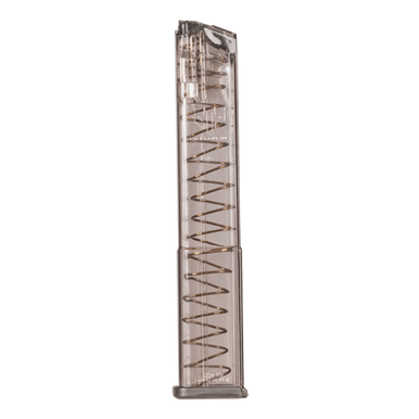 Elite Tactical Systems 32-Round 9mm Clear Magazine for Glock. Highlights the translucent impact-resistant polymer body, visible internal follower and spring, and the black Gen 2 base plate engineered for high-capacity 9mm handguns and PCC platforms.