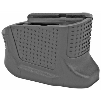 Product image showing the Strike Industries Glock 43 +2 Enhanced Magazine Plate in matte black polymer. The photo highlights the sleek, no-snag extension geometry, textured grip surface, and precise fitment designed for standard Glock 43 single-stack 9mm magazines.