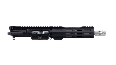 A clear product image showcasing the Always Armed 7.5" 5.56 NATO Complete Stainless Steel Upper Receiver in black anodized finish. Displays the 7" free-float M-LOK rail exposing a 416R stainless steel barrel with matching stainless muzzle device, alongside the included Chrome M16 bolt carrier group and black 6061 aluminum charging handle.