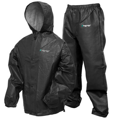 Frogg Toggs Pro Lite waterproof rain suit in black (XL/2XL) showing hooded jacket with full front zipper and matching elastic waist pants