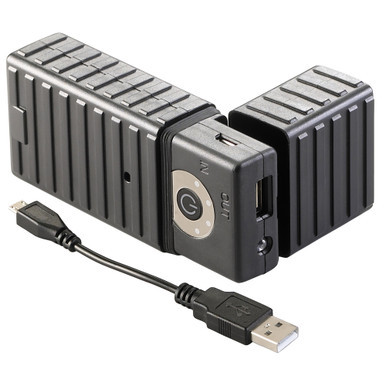 Streamlight EPU-5200 black 5200 mAh portable USB power pack showing protective snap cover closed for IPX4 water resistance