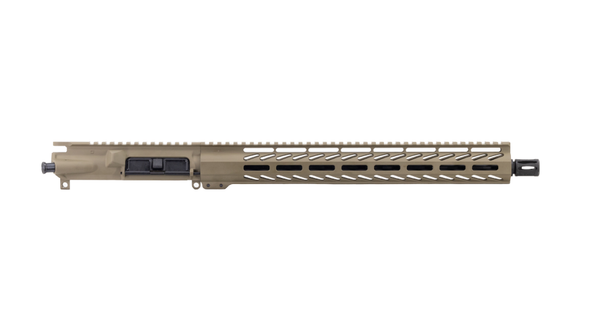 Always Armed 16 inch 9mm upper receiver in Flat Dark Earth Cerakote with 15 inch M-LOK handguard and 1/2x36 A2 flash hider.