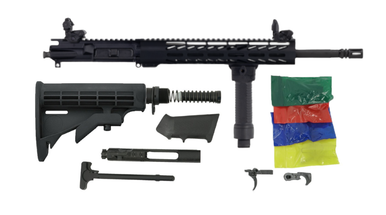 Always Armed 16 inch 5.56 NATO complete rifle kit in black anodized finish with 15 inch M-LOK handguard, lower parts kit, stock, bipod, and sights, Shooter's Gate bi-pod and Trinity Force flip-up sights included with Always Armed 16 inch 5.56 rifle kit, Mil-Spec lower parts kit, Bolt Carrier Group, charging handle, and M4 buttstock assembly for AR-15 build.