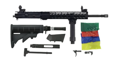 Always Armed 16 inch 5.56 NATO complete rifle kit in black anodized finish with 15 inch M-LOK handguard, lower parts kit, stock, bipod, and sights, Shooter's Gate bi-pod and Trinity Force flip-up sights included with Always Armed 16 inch 5.56 rifle kit, Mil-Spec lower parts kit, Bolt Carrier Group, charging handle, and M4 buttstock assembly for AR-15 build.