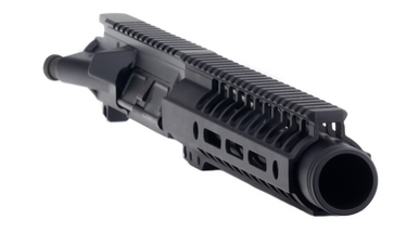 Close-up view of 9" BX Series handguard with recessed flash can muzzle device and hardcoat black anodized receiver.