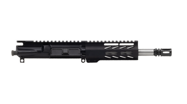Always Armed 7.5" 9mm upper receiver with 5.5" black M-LOK handguard and exposed stainless steel barrel.