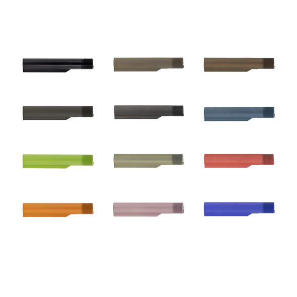 Black anodized 6-position 7075-T6 aluminum Mil-Spec carbine buffer tube showing adjustment notches.
