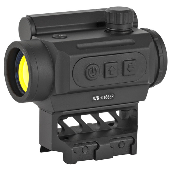 Front view of 1x20mm Black Spider red dot sight featuring rubber front and rear protective lens dust caps.