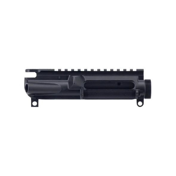 Black anodized forged 7075-T6 aluminum AR-15 stripped upper receiver with M4 feed ramps and shell deflector.
