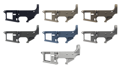 Black anodized skeletonized 80% AR-15 lower receiver machined from 7075 forged aluminum with flared magwell.