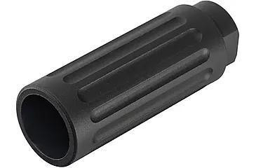 Black 3-inch fluted flash can muzzle device threaded 1/2x28 for 5.56 AR-15 barrels with crush washer included.