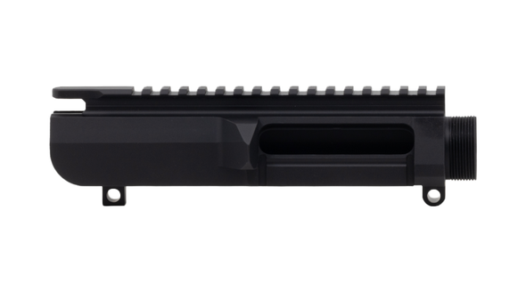 Black anodized 6061 billet AR-10 upper receiver featuring DPMS high profile design and precision machining.