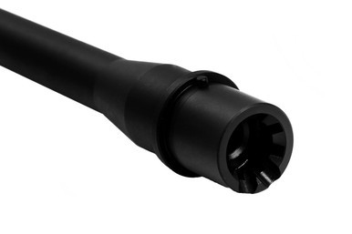 Close-up view of M4 feed ramps and .750 gas block journal on a 16-inch .223 Wylde nitride barrel.