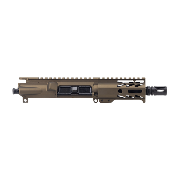 Burnt Bronze Cerakote 5-inch 5.56 AR pistol upper receiver with nitride barrel and QD sling attachment.