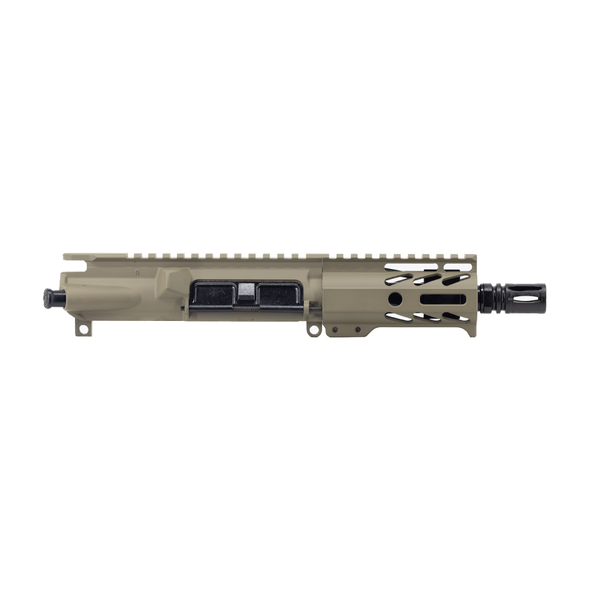 Flat Dark Earth Cerakote 5.5-inch 9mm AR upper featuring 4150 nitride barrel and integrated hand stop rail.