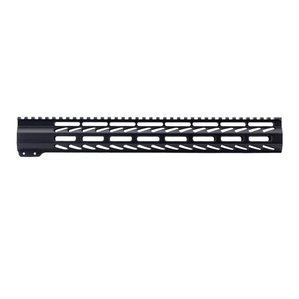 Always Armed 15-inch Gen 1 M-LOK handguard showing 8 attachment slots, steel barrel nut, and clamp-on mounting screws.