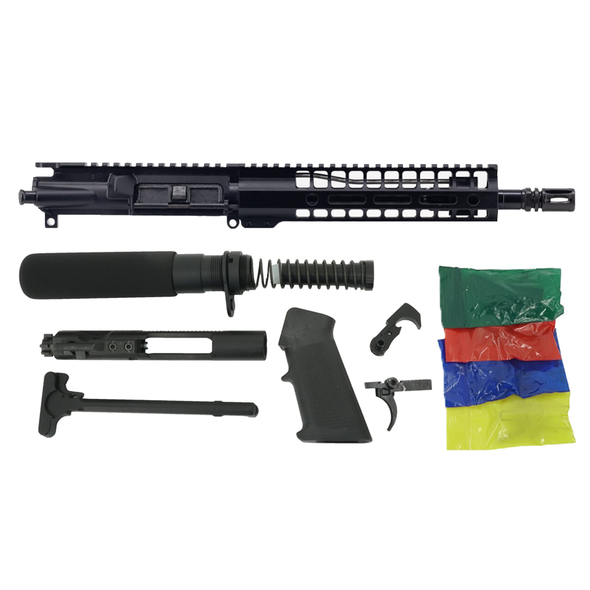 Always Armed 10.5" .300 Blackout BR Series Pistol Kit components laid out neatly, featuring the black anodized upper receiver with a 9-inch BR M-LOK handguard, M16 bolt carrier group, lower parts kit, and pistol buffer tube assembly.