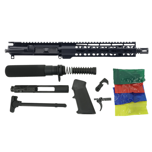 Always Armed 10.5" .300 Blackout TR Series Pistol Kit components laid out neatly, featuring the black anodized upper receiver with a 10-inch M-LOK handguard, M16 bolt carrier group, lower parts kit, and pistol buffer tube assembly.