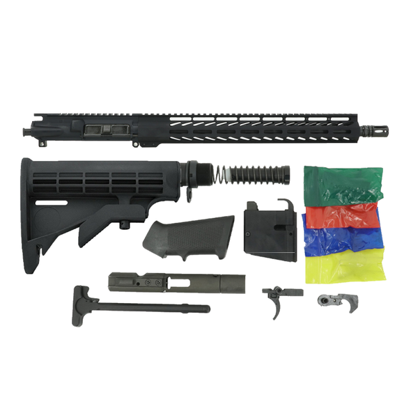 Studio side-profile view of the Always Armed 16" 9mm Gen 1 Rifle Kit components laid out cleanly against a neutral background, highlighting the 16-inch black nitride barrel, 15-inch M-LOK handguard, Mil-Spec upper receiver, lower parts kit, buffer assembly, and M4 stock.
