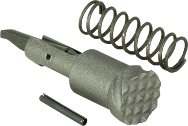 Timber Creek AR Forward Assist in a tungsten gray finish, displayed alongside its matching spring and roll pin on a neutral background.